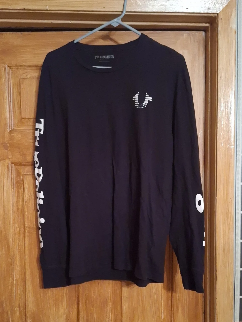 True Religion Black Long Sleeve Logo Tee with White Sleeve Graphics